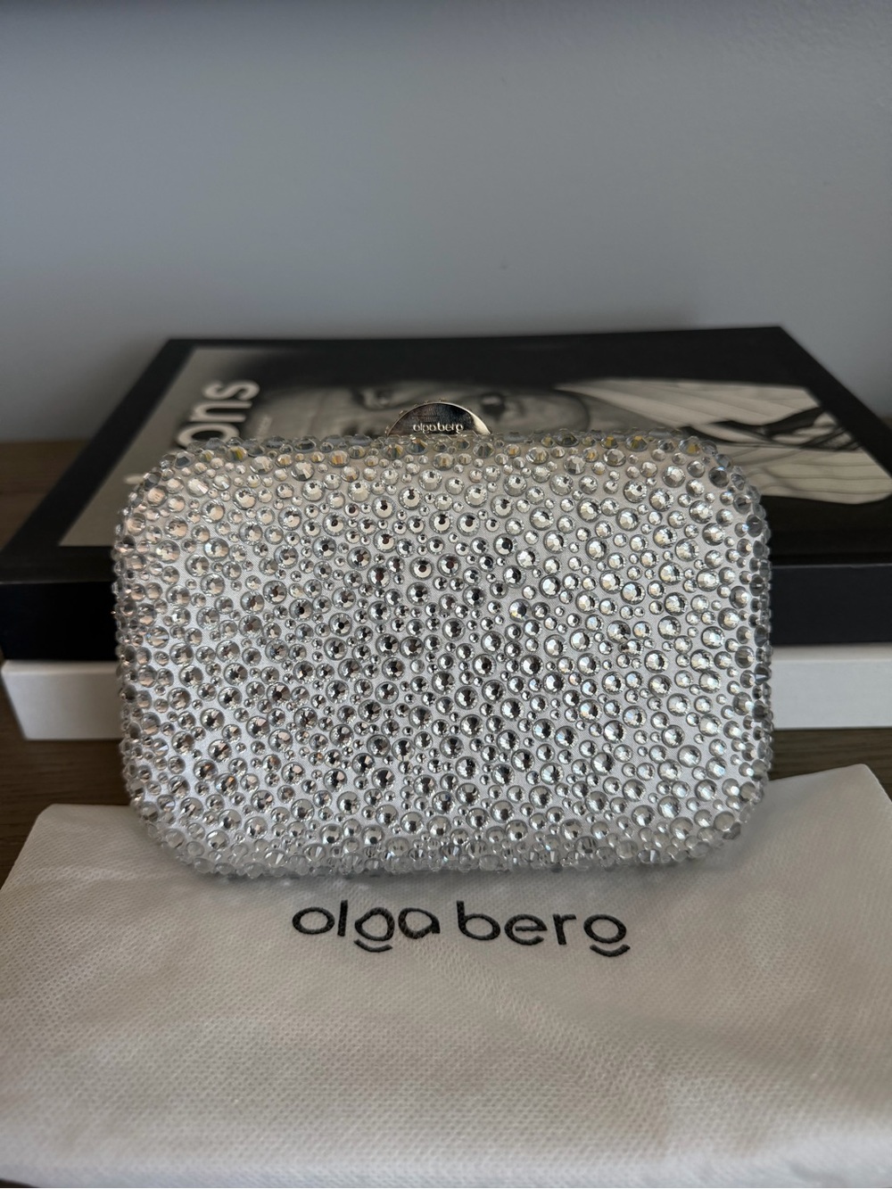 Olga Berg Silver Crystal Embellished Box Clutch